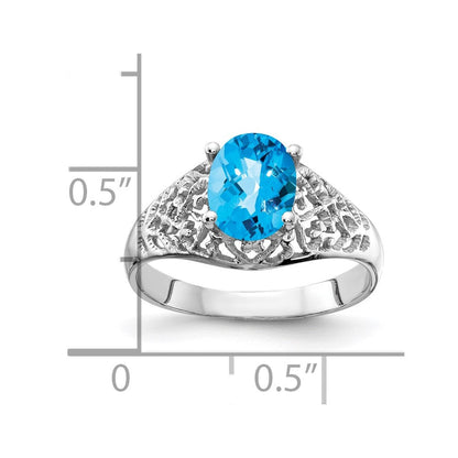 14k White Gold 8x6mm Oval Blue Topaz Checker ring