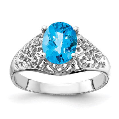14k White Gold 8x6mm Oval Blue Topaz Checker ring