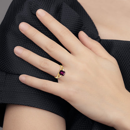 14k Yellow Gold 8x6mm Emerald Cut Rhodolite Garnet A Diamond ring