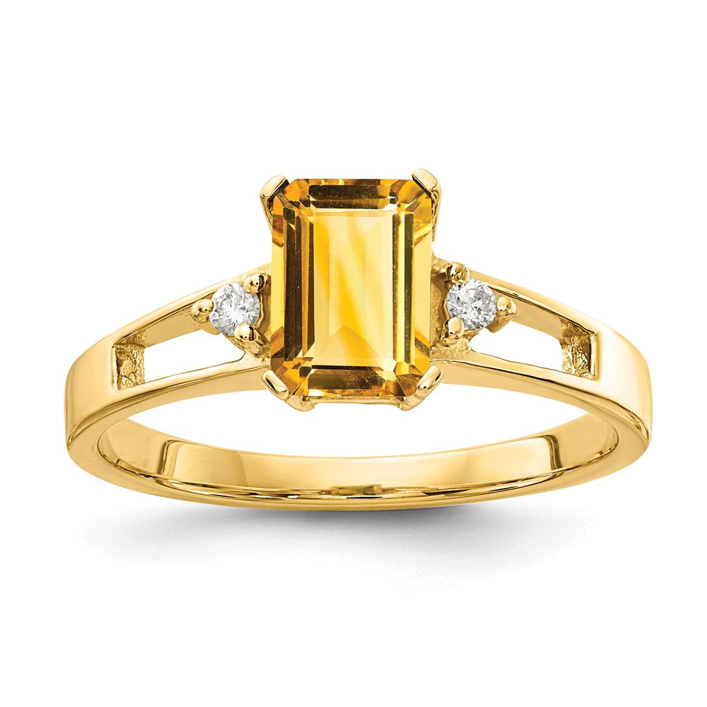14k Yellow Gold 7x5mm Emerald Cut Citrine VS Diamond ring