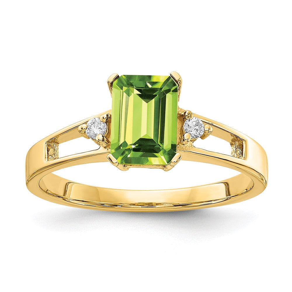 14k Yellow Gold 7x5mm Emerald Cut Peridot VS Diamond ring