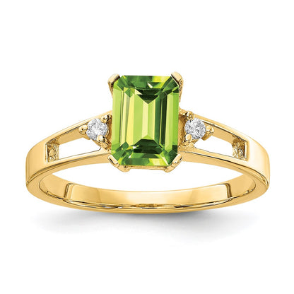 14k Yellow Gold 7x5mm Emerald Cut Peridot VS Diamond ring