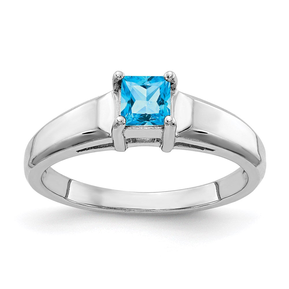 14k White Gold 4mm Princess Cut Blue Topaz ring