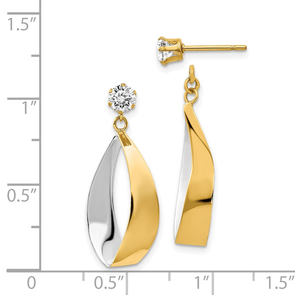 14k Yellow & Rhodium Gold Oval Dangle Jacket w/Rhodium and CZ Earrings