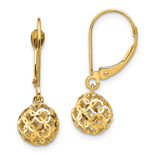 14k Yellow Gold Diamond-cut Bead Dangle Leverback Earrings
