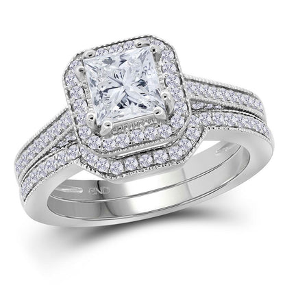 14k White Gold Princess Diamond Bridal Wedding Ring Set 1-5/8 Cttw (Certified)