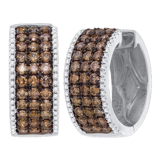 14k White Gold Brown Diamond Huggie Hoop Earrings 2.10 Cttw