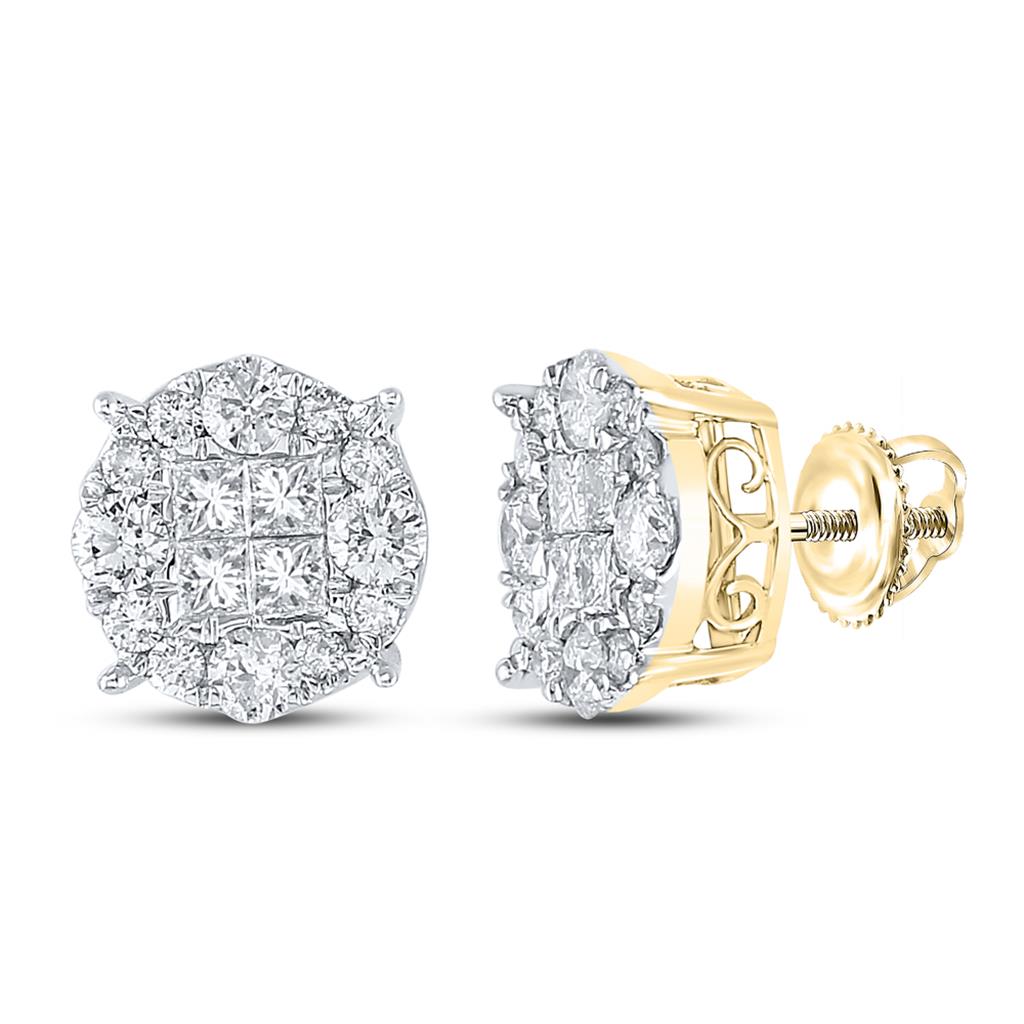14k Yellow Gold Princess Round Diamond Cluster Earrings 2 Cttw
