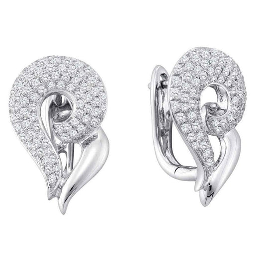 14k White Gold Round Diamond Cluster Huggie Earrings 1-1/4 Cttw