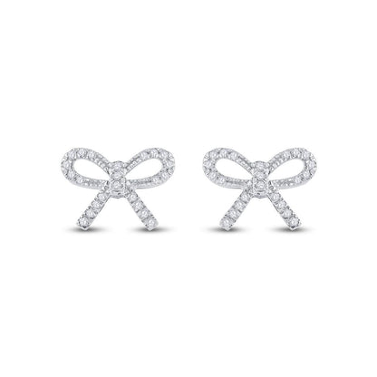 14k White Gold Round Diamond Ribbon Bow Fashion Earrings 1/5 Cttw