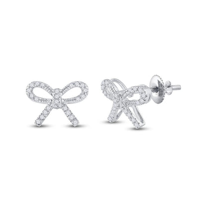 14k White Gold Round Diamond Ribbon Bow Fashion Earrings 1/5 Cttw