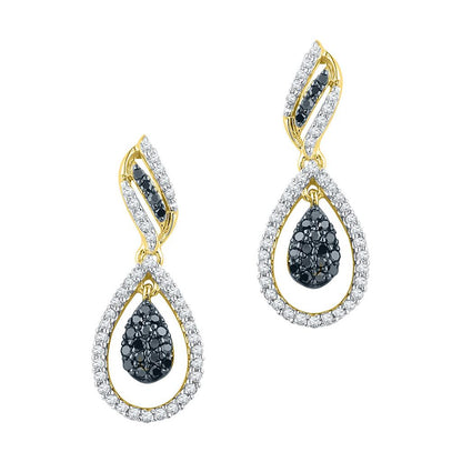 10k Yellow Gold Round Black Diamond Dangle Earrings 1/2 Cttw