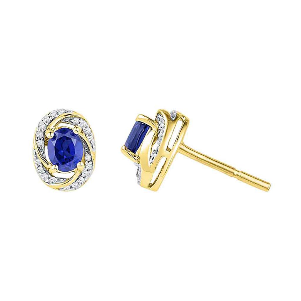 10k Yellow Gold Oval Created Blue Sapphire Diamond Stud Earrings 1/8 Cttw