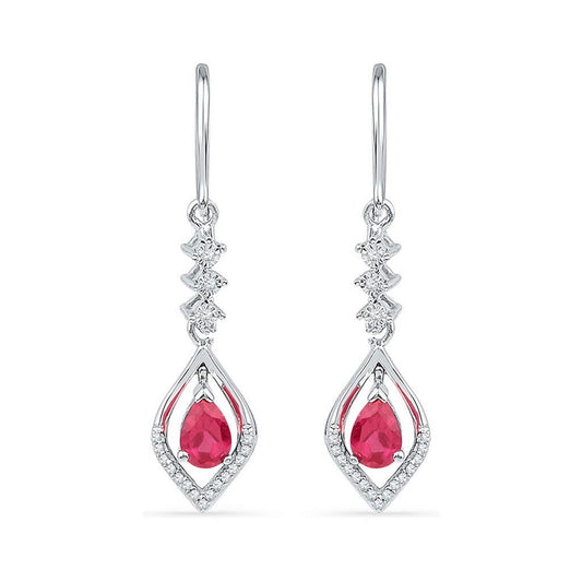 14k White Gold Pear Created Ruby Diamond Dangle Earrings 1/8 Cttw