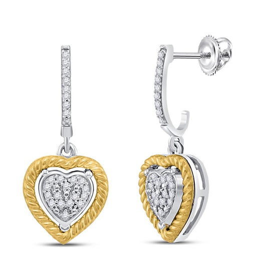 10kt Two-tone Gold Round Diamond Rope Heart Dangle Earrings 1/8 Cttw