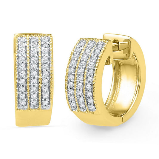 10k Yellow Gold Round Diamond Triple Row Huggie Hoop Earrings 1/4 Cttw