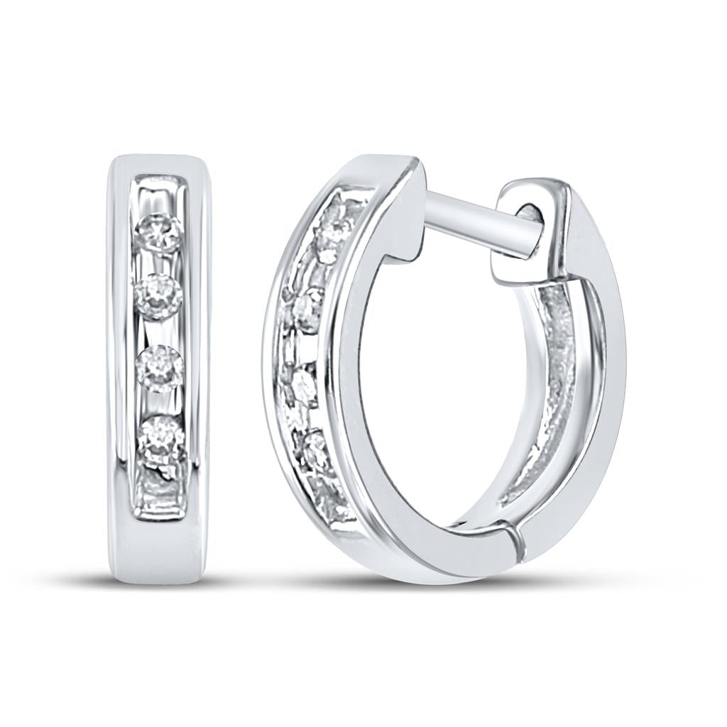 14k White Gold Round Diamond Single Row Huggie Earrings 1/20 Cttw