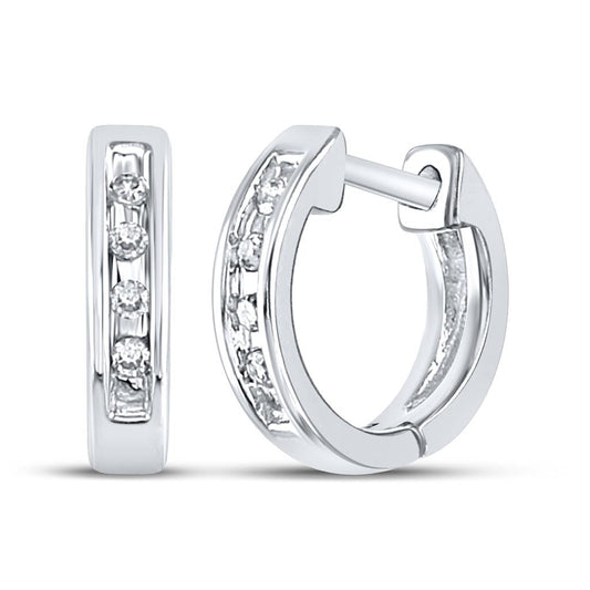 14k White Gold Round Diamond Single Row Huggie Earrings 1/20 Cttw