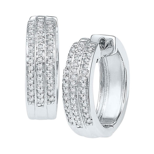 14k White Gold Round Diamond Triple Row Huggie Earrings 1/4 Cttw