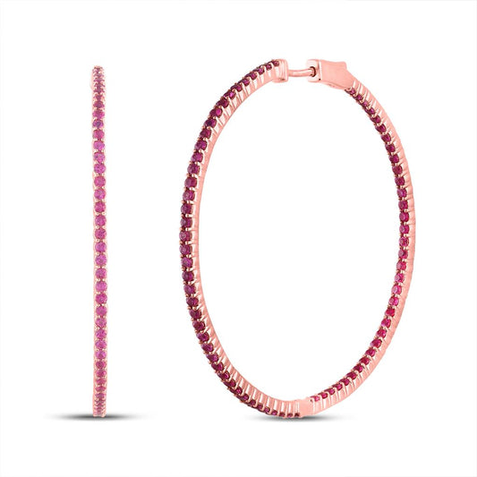 14k Rose Gold Round Ruby Inside Outside Hoop Earrings 4-1/3 Cttw