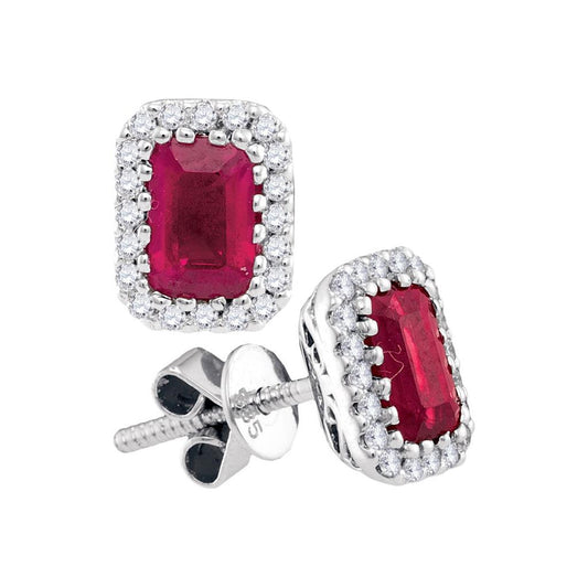 14kt White Gold Emerald-cut Ruby Diamond Stud Earrings 1-1/2 Cttw