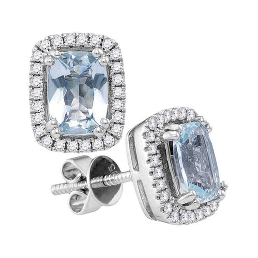 14k White Gold Cushion Aquamarine Solitaire Diamond Stud Earrings 1-7/8 Cttw