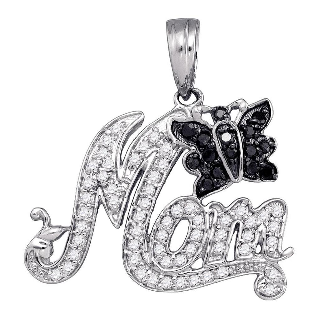 14k White Gold Round Black Diamond Butterfly Mom Pendant 1/4 Cttw