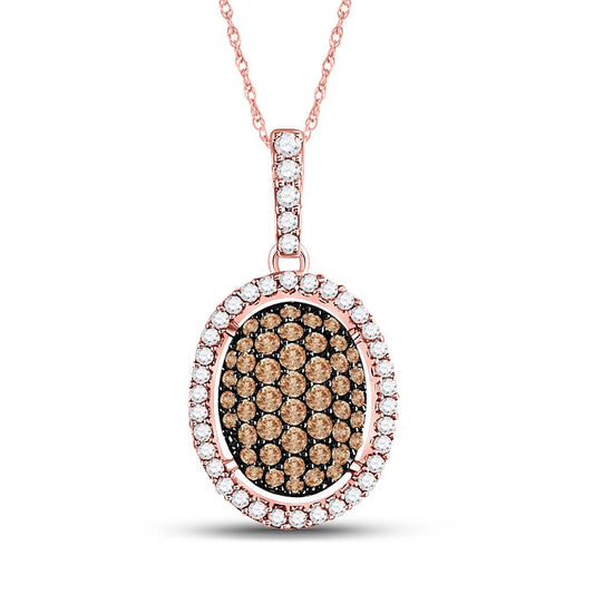 10k Rose Gold Round Brown Diamond Oval Cluster Pendant 1/2 Cttw