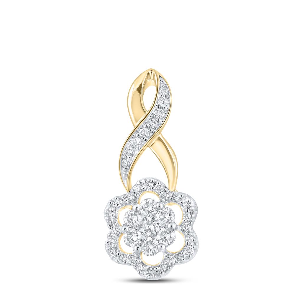 14k Yellow Gold Round Diamond Twist Flower Cluster Pendant 1/2 Cttw