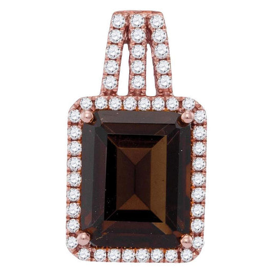 14k Rose Gold Emerald Smoky Quartz Diamond Square Pendant 2-3/4 Cttw