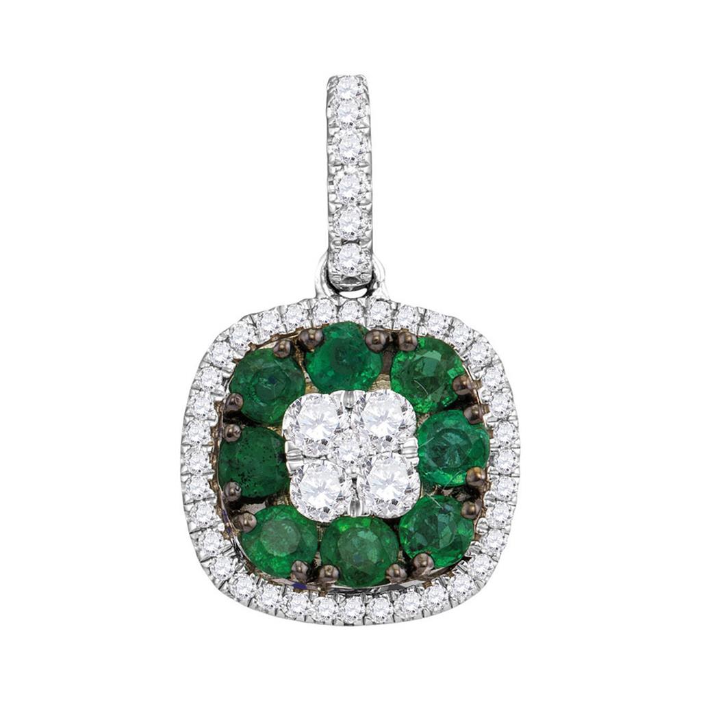 18k White Gold Round Emerald Diamond Square Cluster Pendant 7/8 Cttw