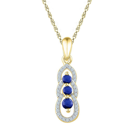 10k Yellow Gold Round Created Blue Sapphire 3-stone Pendant 1/2 Cttw