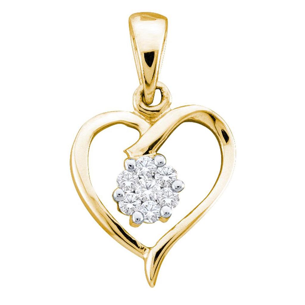 10k Yellow Gold Round Diamond Flower Cluster Heart Pendant 1/12 Cttw
