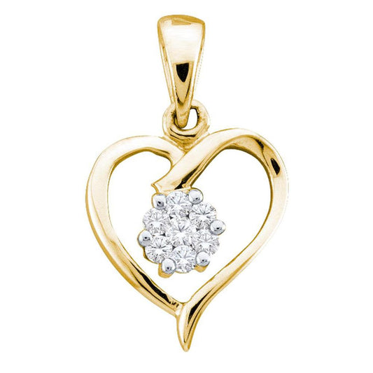 10k Yellow Gold Round Diamond Flower Cluster Heart Pendant 1/12 Cttw