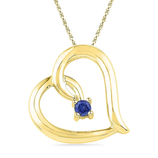 10k Yellow Gold Round Created Blue Sapphire Heart Pendant 1/8 Cttw