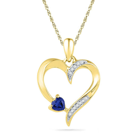 10k Yellow Gold Round Created Blue Sapphire Heart Pendant 1/20 Cttw