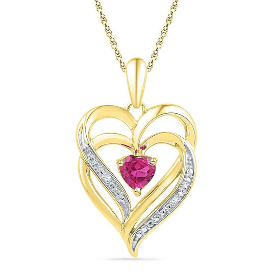 10k Yellow Gold Round Created Pink Sapphire Double Heart Pendant .01 Cttw