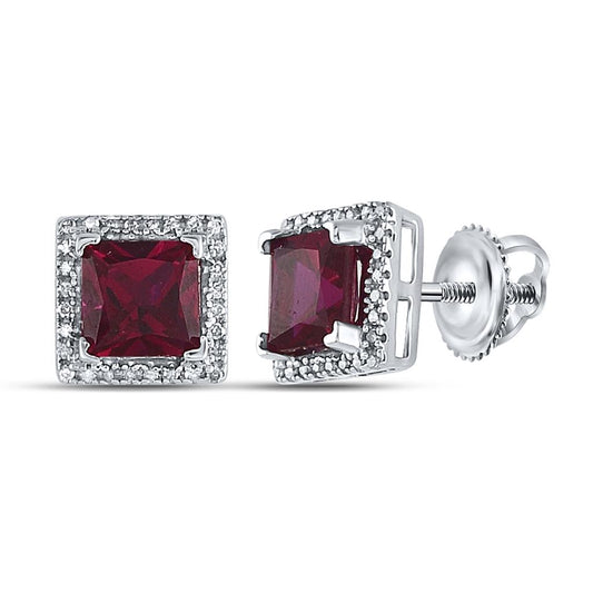 Sterling Silver Princess Created Ruby Stud Earrings 2 Cttw