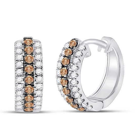 14k White Gold Round Brown Diamond Huggie Earrings 3/4 Cttw