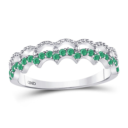 14k White Gold Round Emerald Scalloped Stackable Band Ring 1/4 Cttw