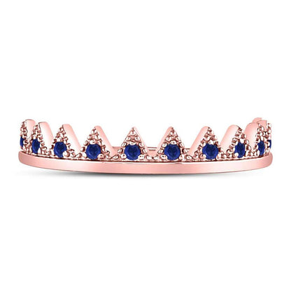 10kt Rose Gold Round Blue Sapphire Chevron Stackable Band Ring 1/10 Cttw