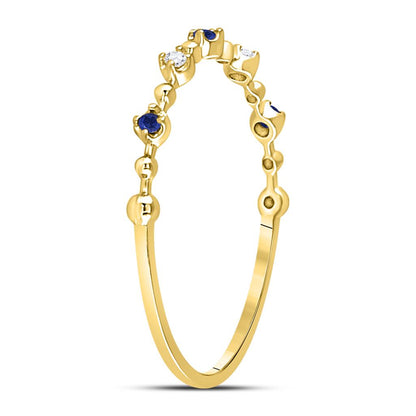 10k Yellow Gold Round Blue Sapphire Diamond Beaded Stackable Band Ring 1/20 Cttw