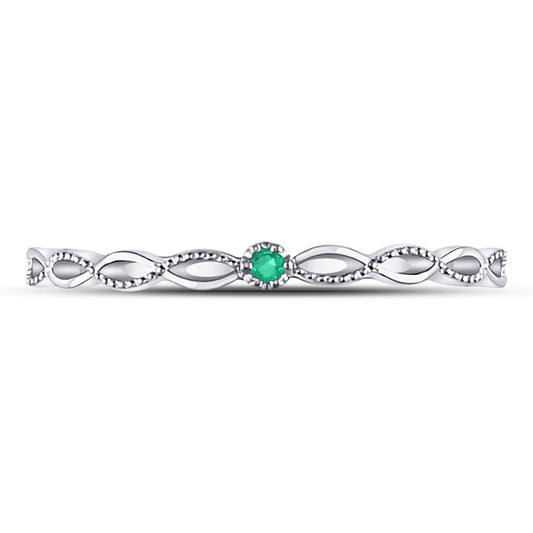 14k White Gold Round Emerald Solitaire Milgrain Stackable Band Ring .01 Cttw