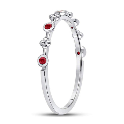 14kt White Gold Round Ruby Dot Flower Stackable Band Ring 1/12 Cttw