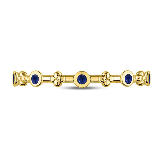 10kt Yellow Gold Round Blue Sapphire Dot Flower Stackable Band Ring 1/12 Cttw