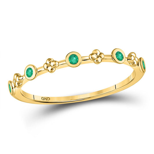10kt Yellow Gold Round Emerald Dot Flower Stackable Band Ring 1/12 Cttw