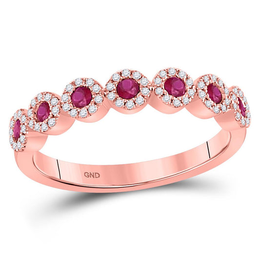10k Rose Gold Round Ruby Halo Stackable Band Ring 1/2 Cttw