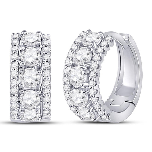 14k White Gold Round Diamond 3-Row Huggie Earrings 1 Cttw