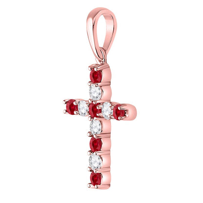 10k Rose Gold Round Created Ruby Cross Pendant 3/8 Cttw