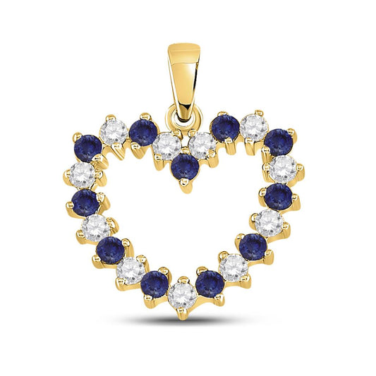 10k Yellow Gold Round Blue Sapphire Diamond Heart Pendant 1/2 Cttw